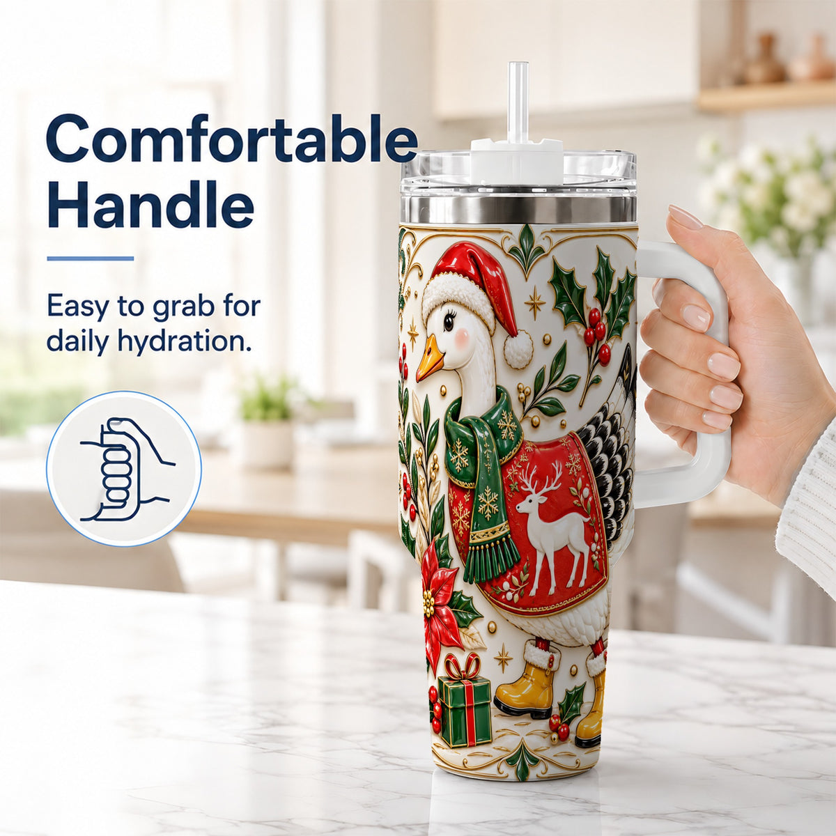 #pl[40oz|White] Christmas Goose 40oz Tumbler with Handle, Porcelain Style Holiday Art