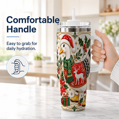 #pl[40oz|White] Christmas Goose 40oz Tumbler with Handle, Porcelain Style Holiday Art
