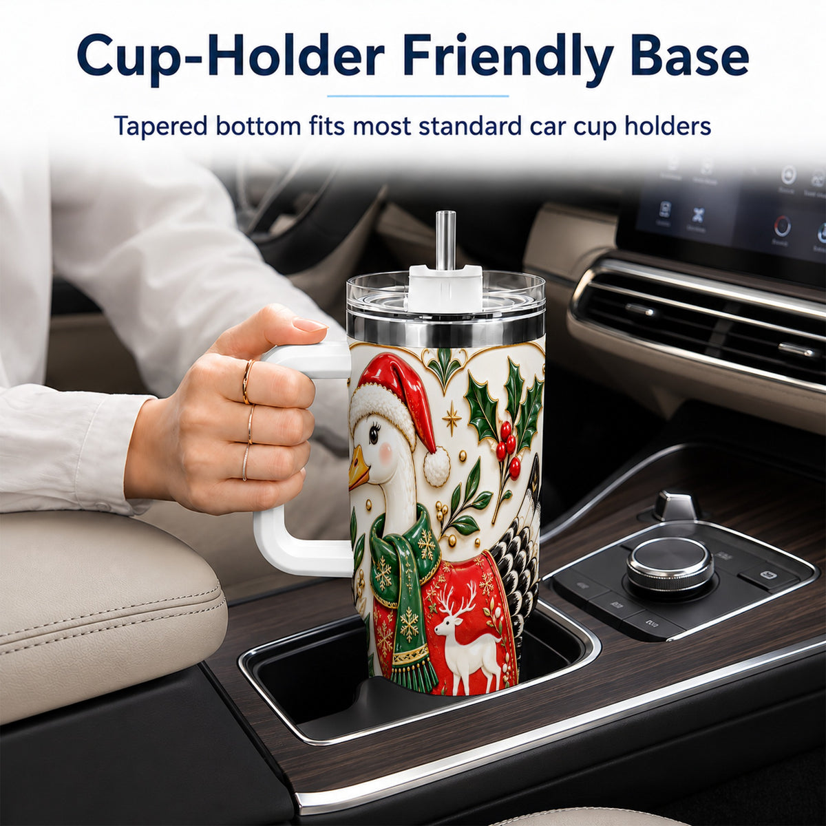 Christmas Goose 40oz Tumbler with Handle, Porcelain Style Holiday Art