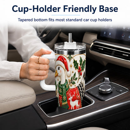 Christmas Goose 40oz Tumbler with Handle, Porcelain Style Holiday Art