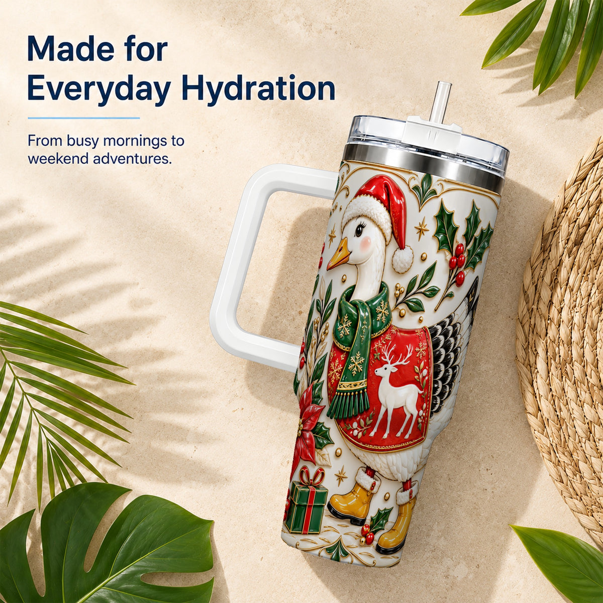 Christmas Goose 40oz Tumbler with Handle, Porcelain Style Holiday Art