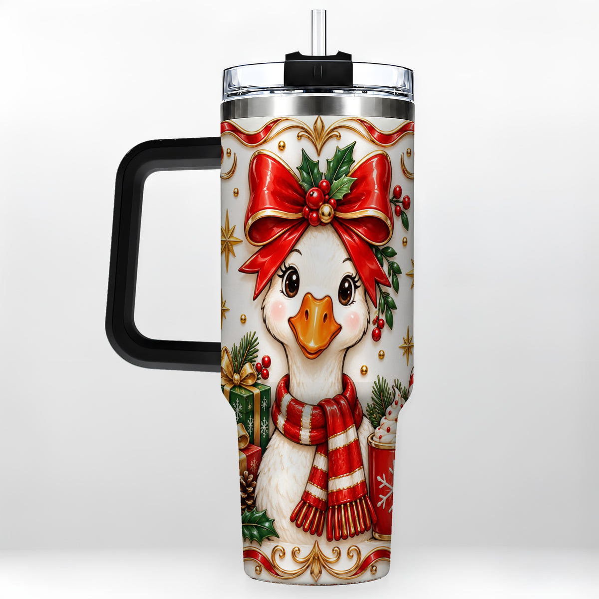 #pl[40oz|Black] Christmas Goose 40oz Tumbler with Handle, Cute Red Bow Holiday Art