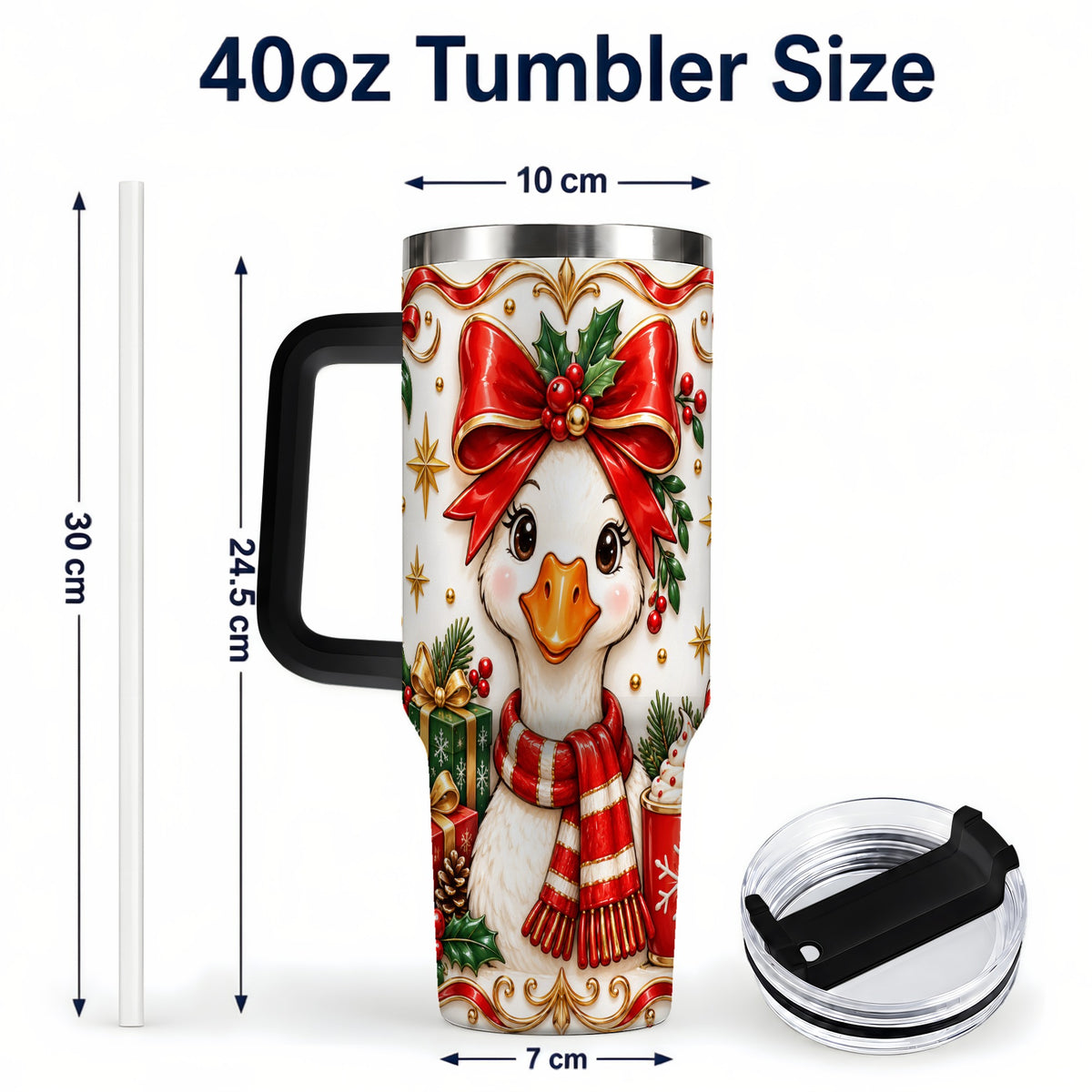 #pl[40oz|Black] Christmas Goose 40oz Tumbler with Handle, Cute Red Bow Holiday Art