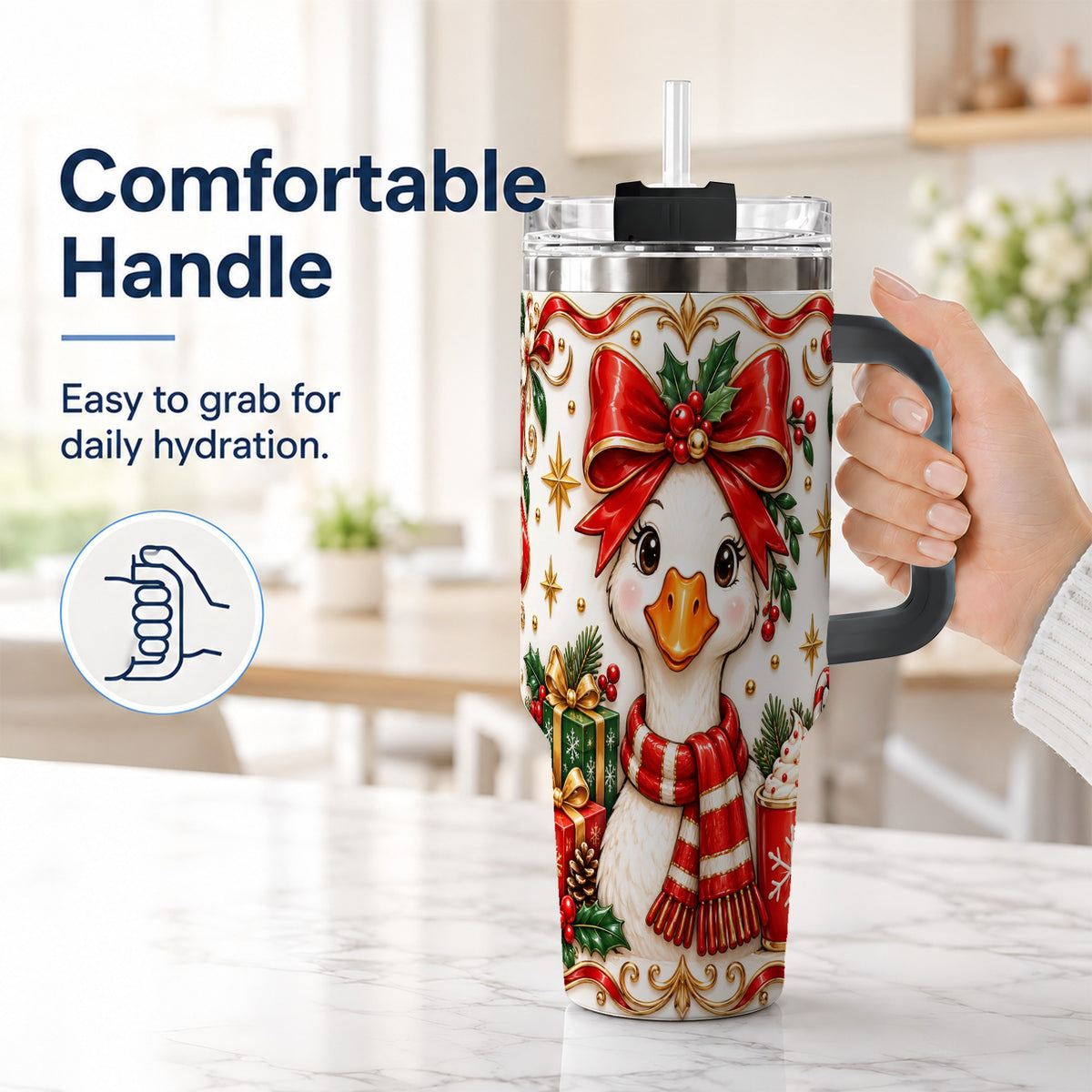 #pl[40oz|Black] Christmas Goose 40oz Tumbler with Handle, Cute Red Bow Holiday Art