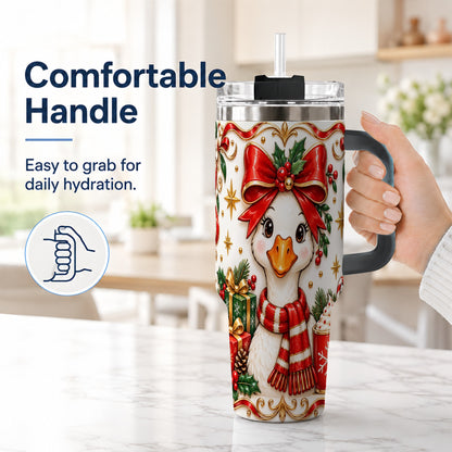 #pl[40oz|Black] Christmas Goose 40oz Tumbler with Handle, Cute Red Bow Holiday Art