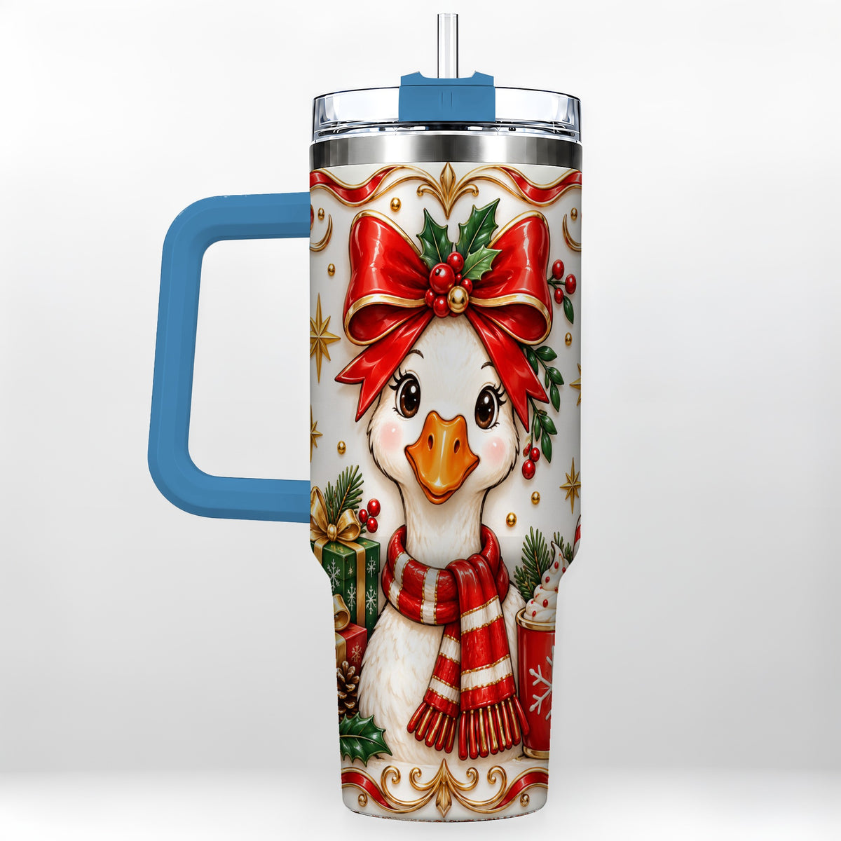 #pl[40oz|Blue] Christmas Goose 40oz Tumbler with Handle, Cute Red Bow Holiday Art