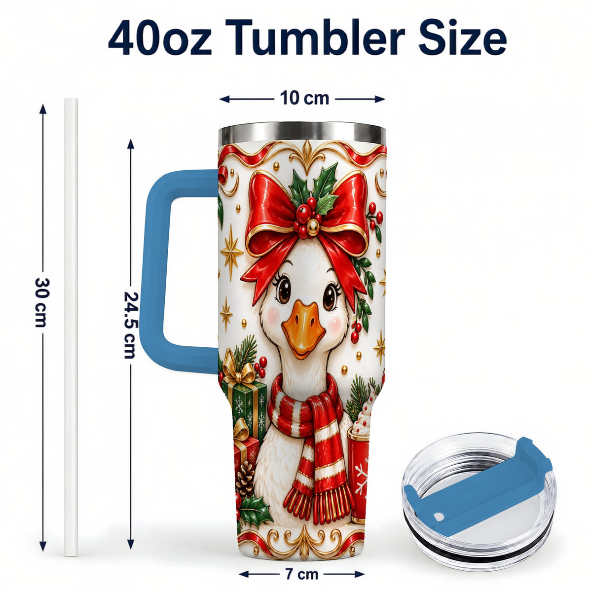 #pl[40oz|Blue] Christmas Goose 40oz Tumbler with Handle, Cute Red Bow Holiday Art