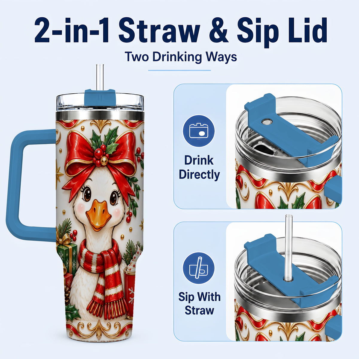 #pl[40oz|Blue] Christmas Goose 40oz Tumbler with Handle, Cute Red Bow Holiday Art