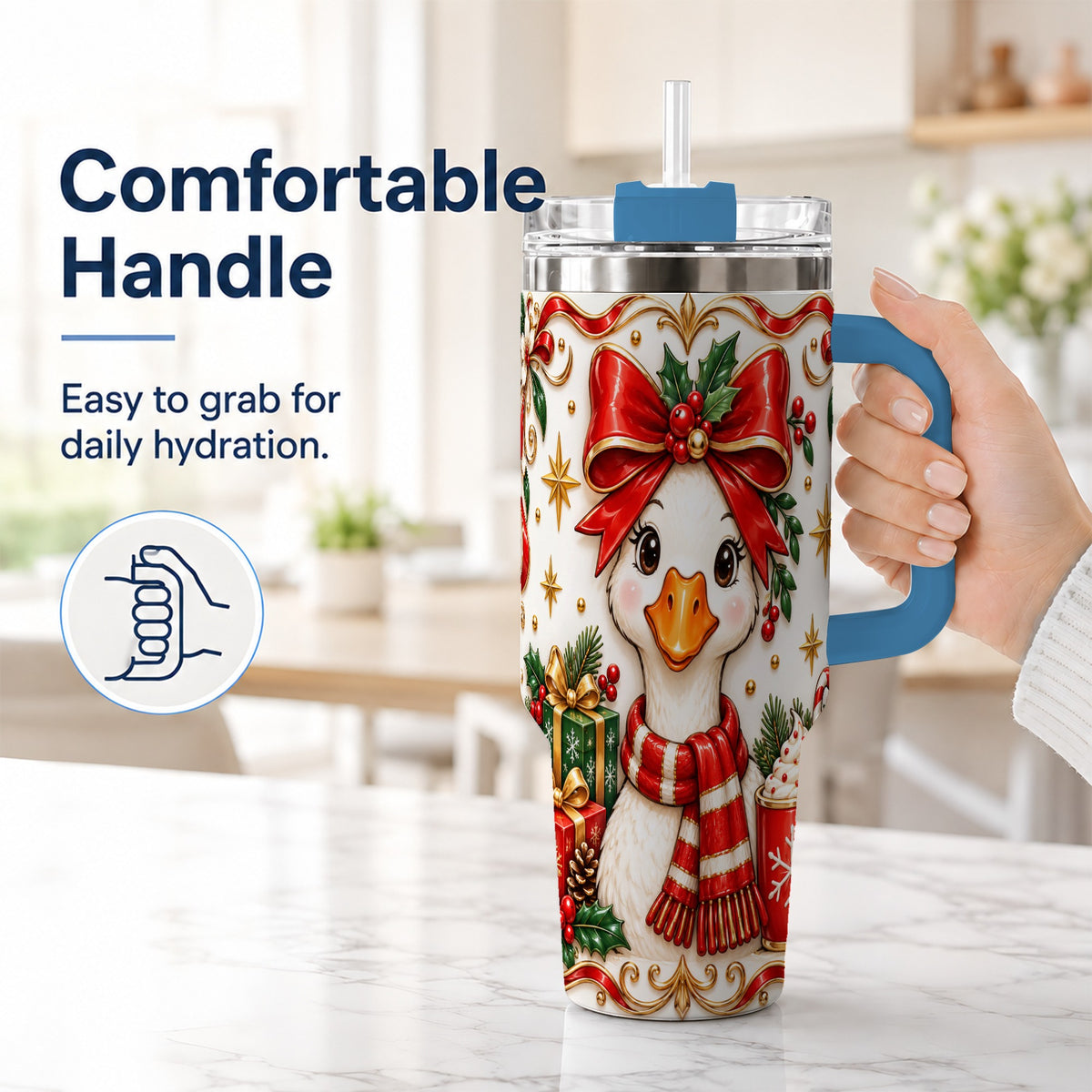 #pl[40oz|Blue] Christmas Goose 40oz Tumbler with Handle, Cute Red Bow Holiday Art