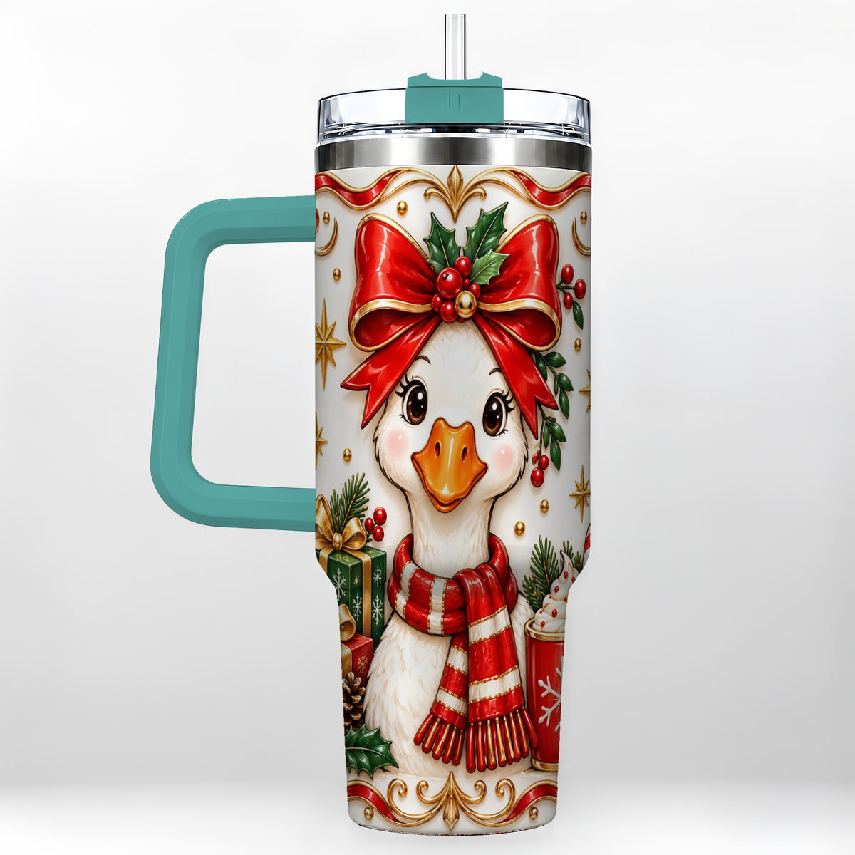 #pl[40oz|Green] Christmas Goose 40oz Tumbler with Handle, Cute Red Bow Holiday Art