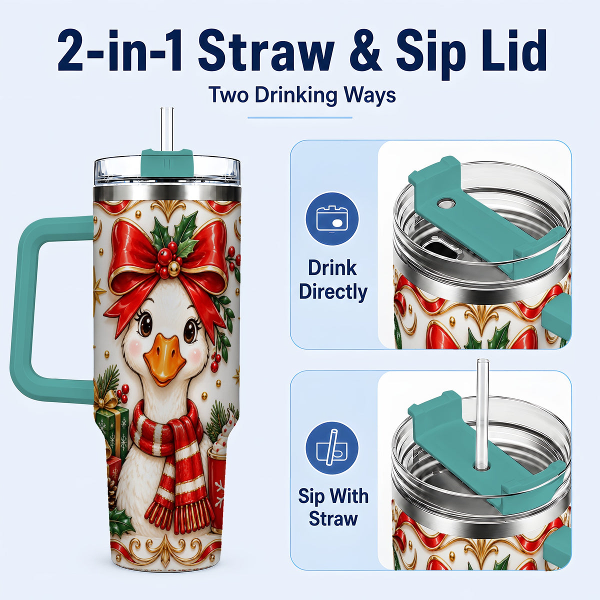#pl[40oz|Green] Christmas Goose 40oz Tumbler with Handle, Cute Red Bow Holiday Art