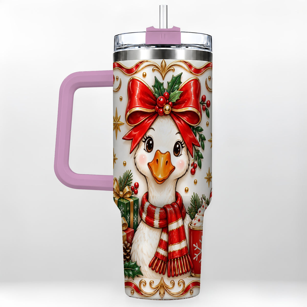#pl[40oz|Pink] Christmas Goose 40oz Tumbler with Handle, Cute Red Bow Holiday Art