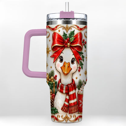 #pl[40oz|Pink] Christmas Goose 40oz Tumbler with Handle, Cute Red Bow Holiday Art