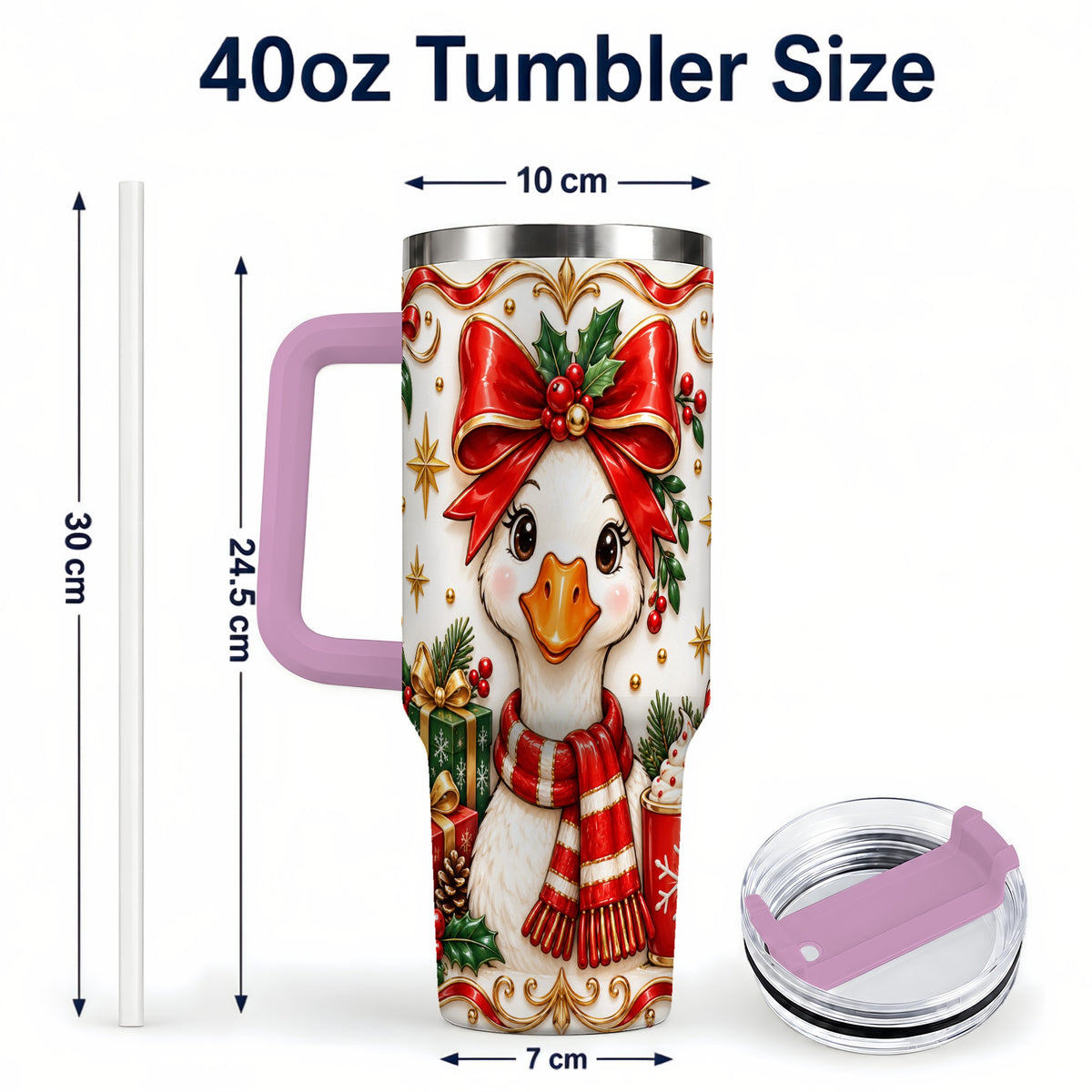#pl[40oz|Pink] Christmas Goose 40oz Tumbler with Handle, Cute Red Bow Holiday Art