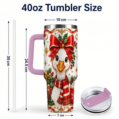 #pl[40oz|Pink] Christmas Goose 40oz Tumbler with Handle, Cute Red Bow Holiday Art