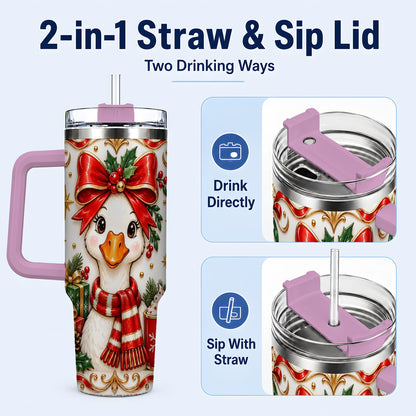 #pl[40oz|Pink] Christmas Goose 40oz Tumbler with Handle, Cute Red Bow Holiday Art