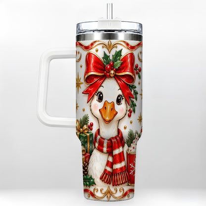 Christmas Goose 40oz Tumbler with Handle, Cute Red Bow Holiday Art