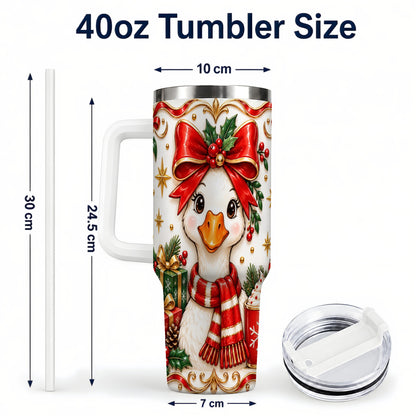 #pl[40oz|White] Christmas Goose 40oz Tumbler with Handle, Cute Red Bow Holiday Art