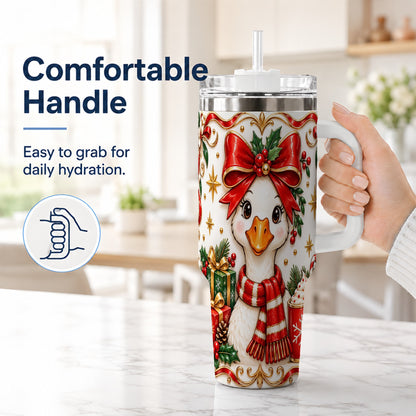 #pl[40oz|White] Christmas Goose 40oz Tumbler with Handle, Cute Red Bow Holiday Art