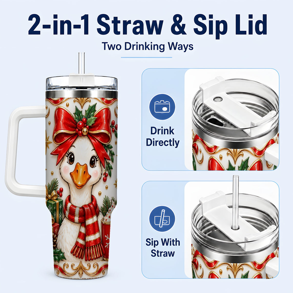#pl[40oz|White] Christmas Goose 40oz Tumbler with Handle, Cute Red Bow Holiday Art