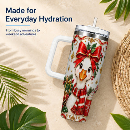 Christmas Goose 40oz Tumbler with Handle, Cute Red Bow Holiday Art