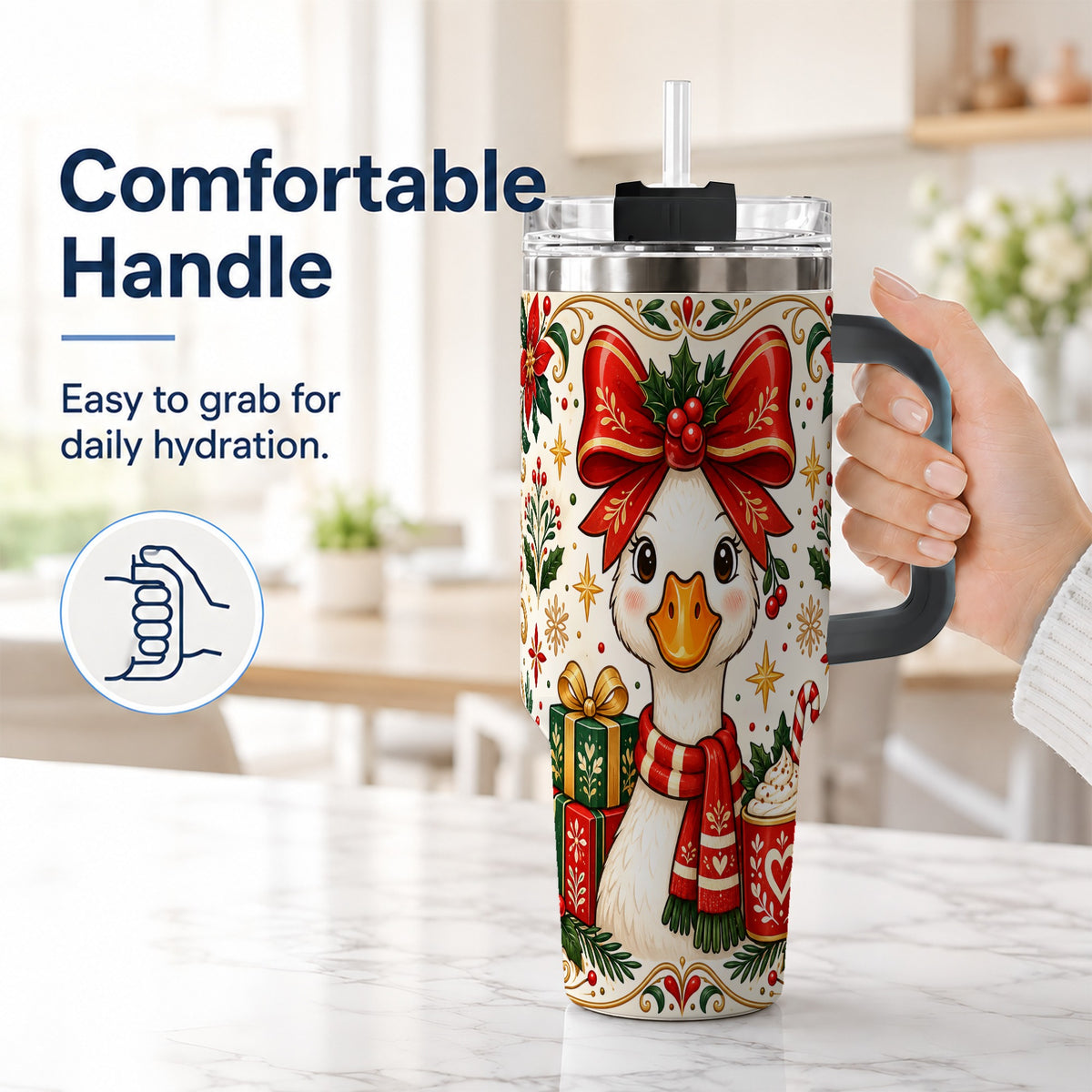 #pl[40oz|Black] Christmas Goose 40oz Tumbler with Handle, Folk Art Winter Design