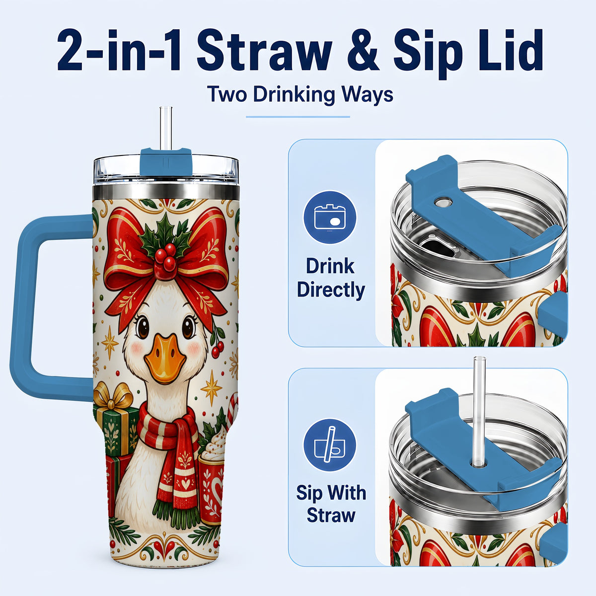 #pl[40oz|Blue] Christmas Goose 40oz Tumbler with Handle, Folk Art Winter Design