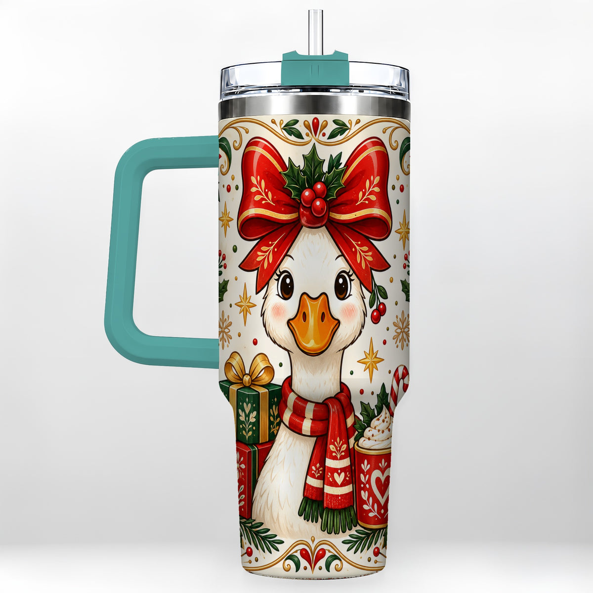 #pl[40oz|Green] Christmas Goose 40oz Tumbler with Handle, Folk Art Winter Design