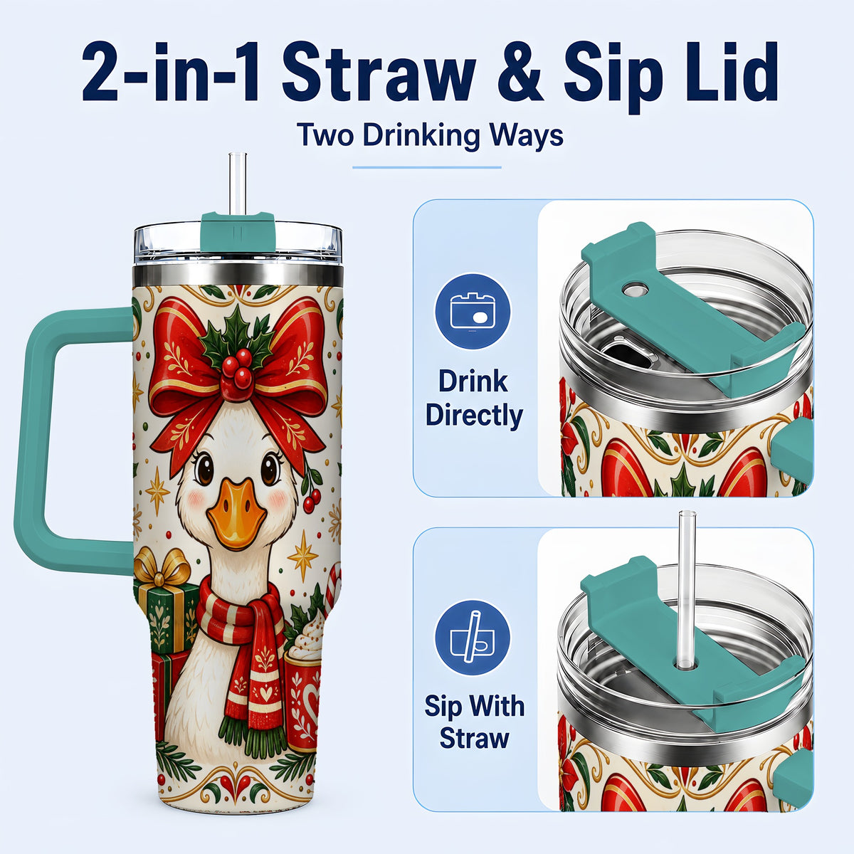 #pl[40oz|Green] Christmas Goose 40oz Tumbler with Handle, Folk Art Winter Design