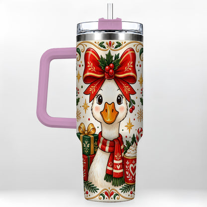 #pl[40oz|Pink] Christmas Goose 40oz Tumbler with Handle, Folk Art Winter Design