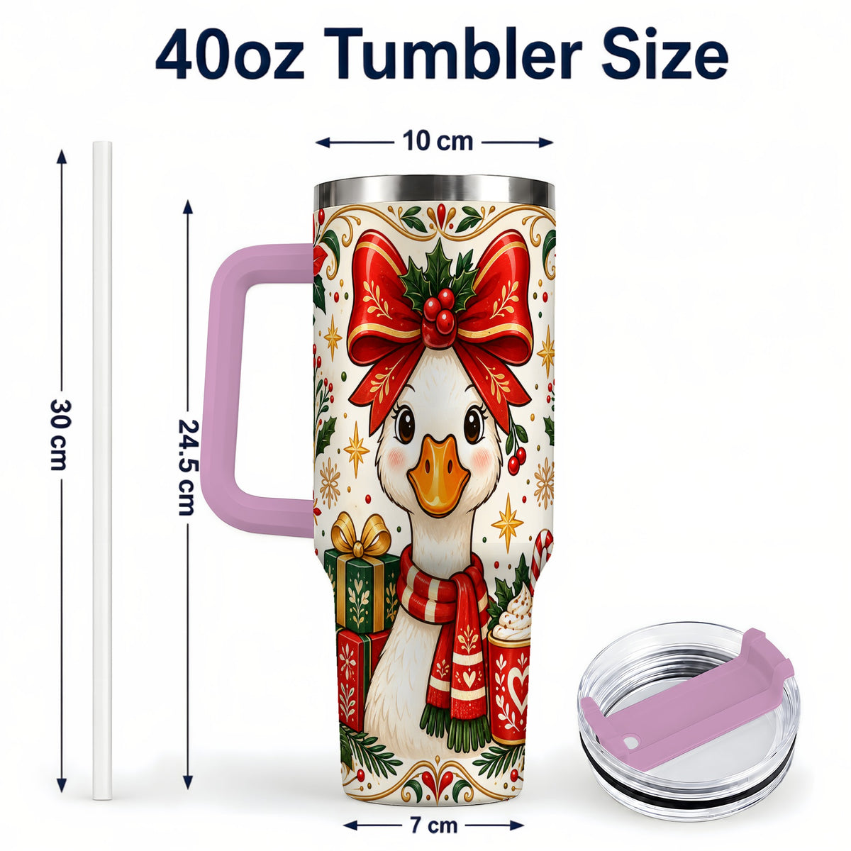 #pl[40oz|Pink] Christmas Goose 40oz Tumbler with Handle, Folk Art Winter Design