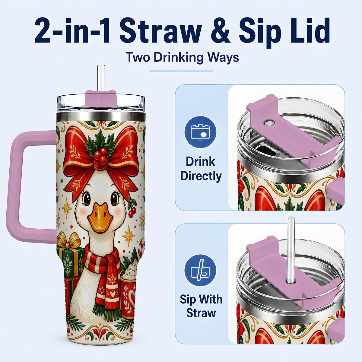 #pl[40oz|Pink] Christmas Goose 40oz Tumbler with Handle, Folk Art Winter Design