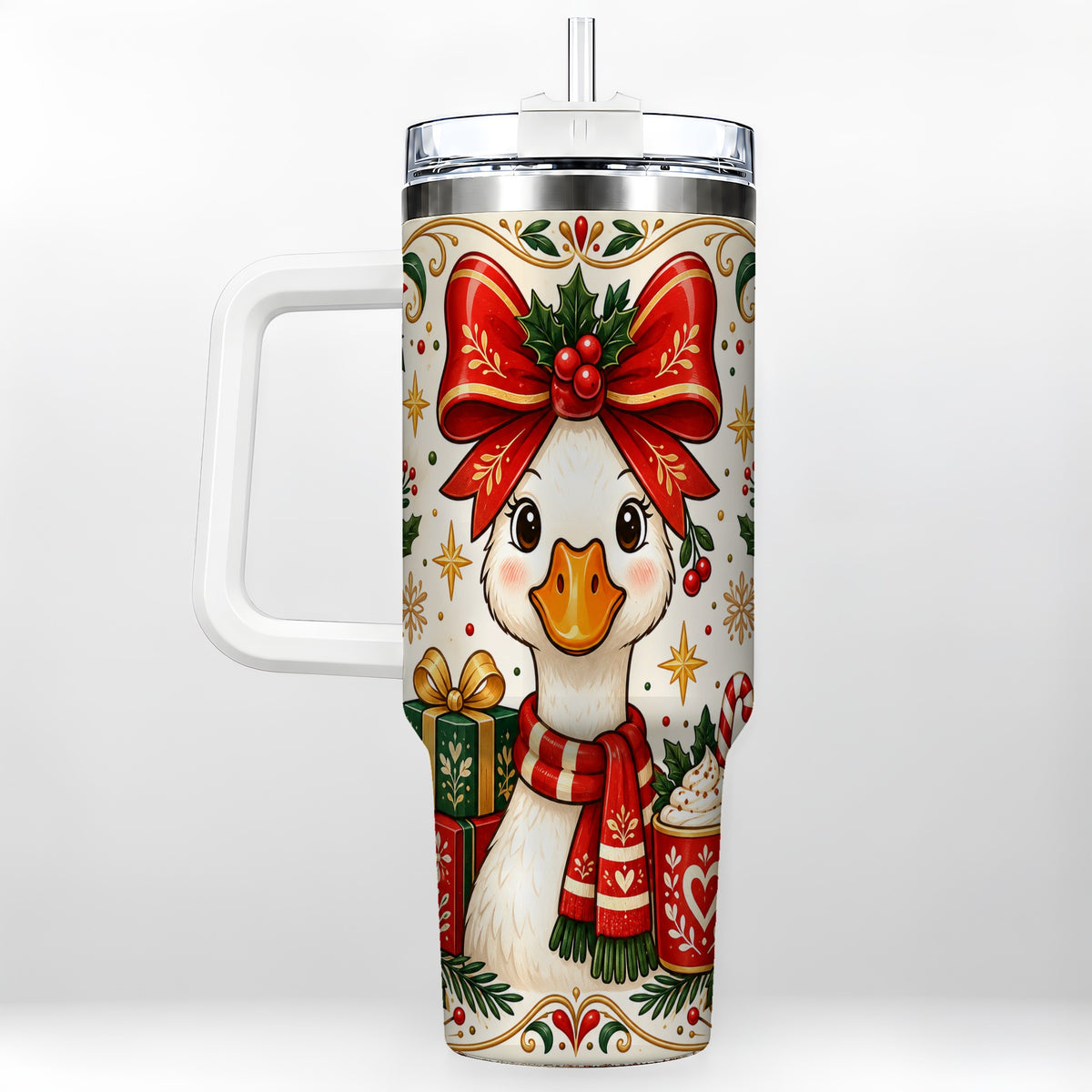 Christmas Goose 40oz Tumbler with Handle, Folk Art Winter Design