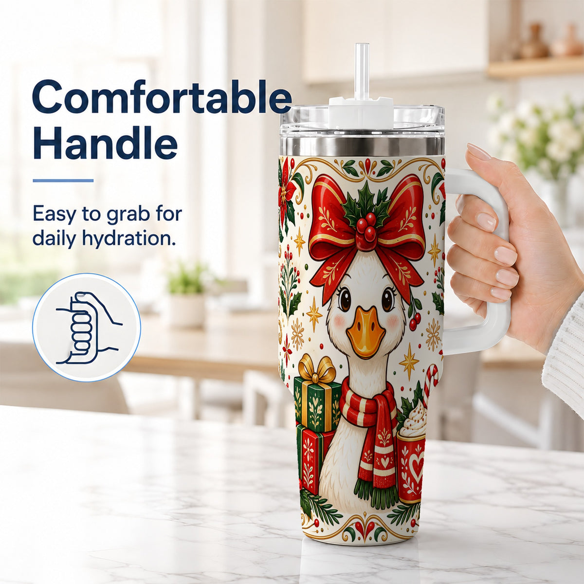 #pl[40oz|White] Christmas Goose 40oz Tumbler with Handle, Folk Art Winter Design