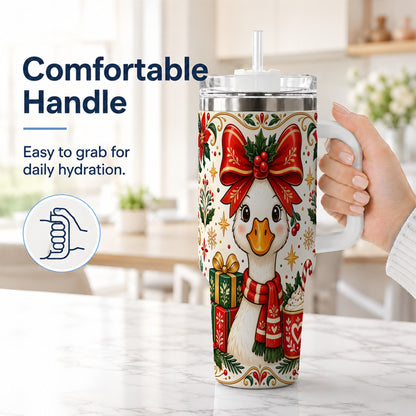 #pl[40oz|White] Christmas Goose 40oz Tumbler with Handle, Folk Art Winter Design