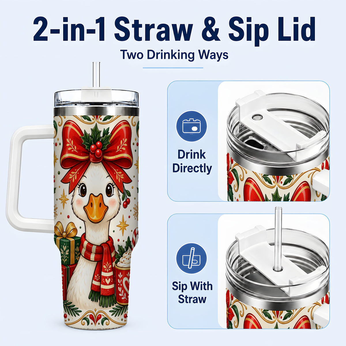#pl[40oz|White] Christmas Goose 40oz Tumbler with Handle, Folk Art Winter Design