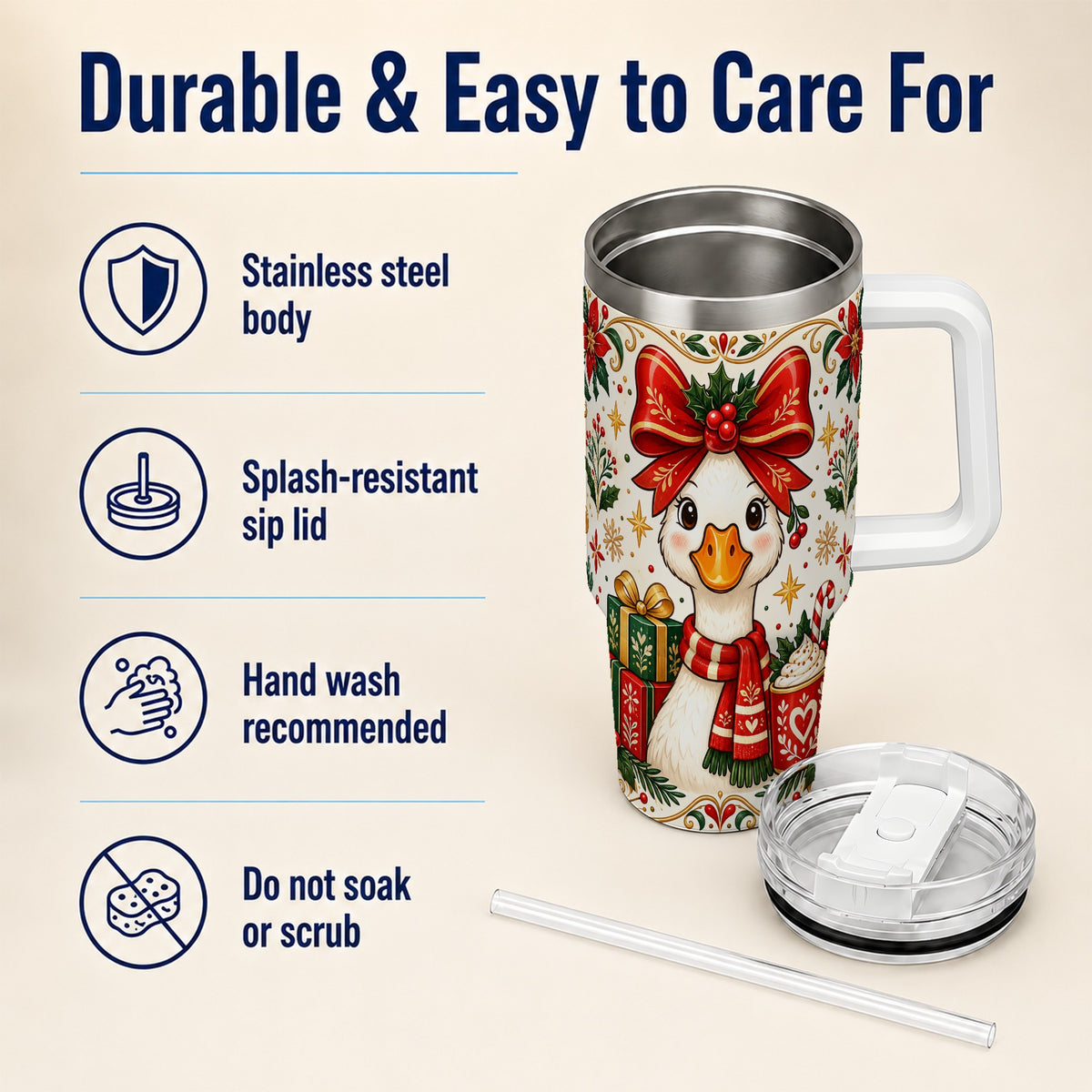 Christmas Goose 40oz Tumbler with Handle, Folk Art Winter Design