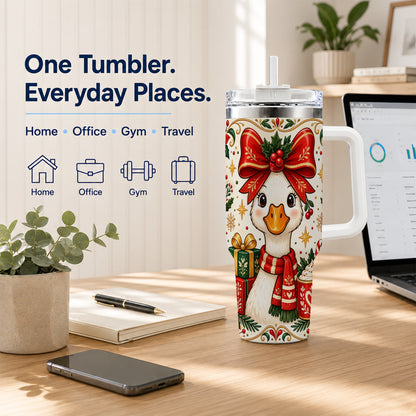 Christmas Goose 40oz Tumbler with Handle, Folk Art Winter Design