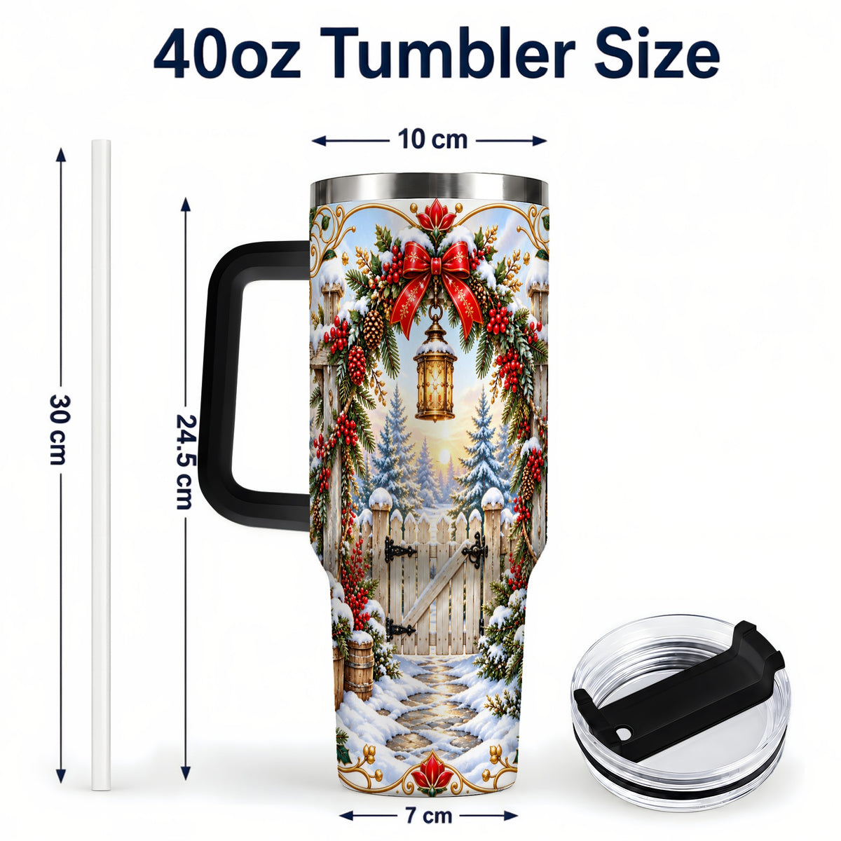 #pl[40oz|Black] Winter Garden Gate 40oz Tumbler with Handle, Christmas Lantern Design