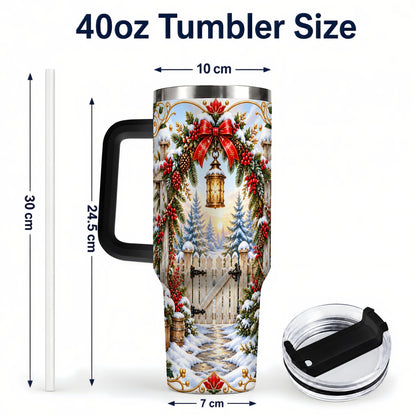 #pl[40oz|Black] Winter Garden Gate 40oz Tumbler with Handle, Christmas Lantern Design