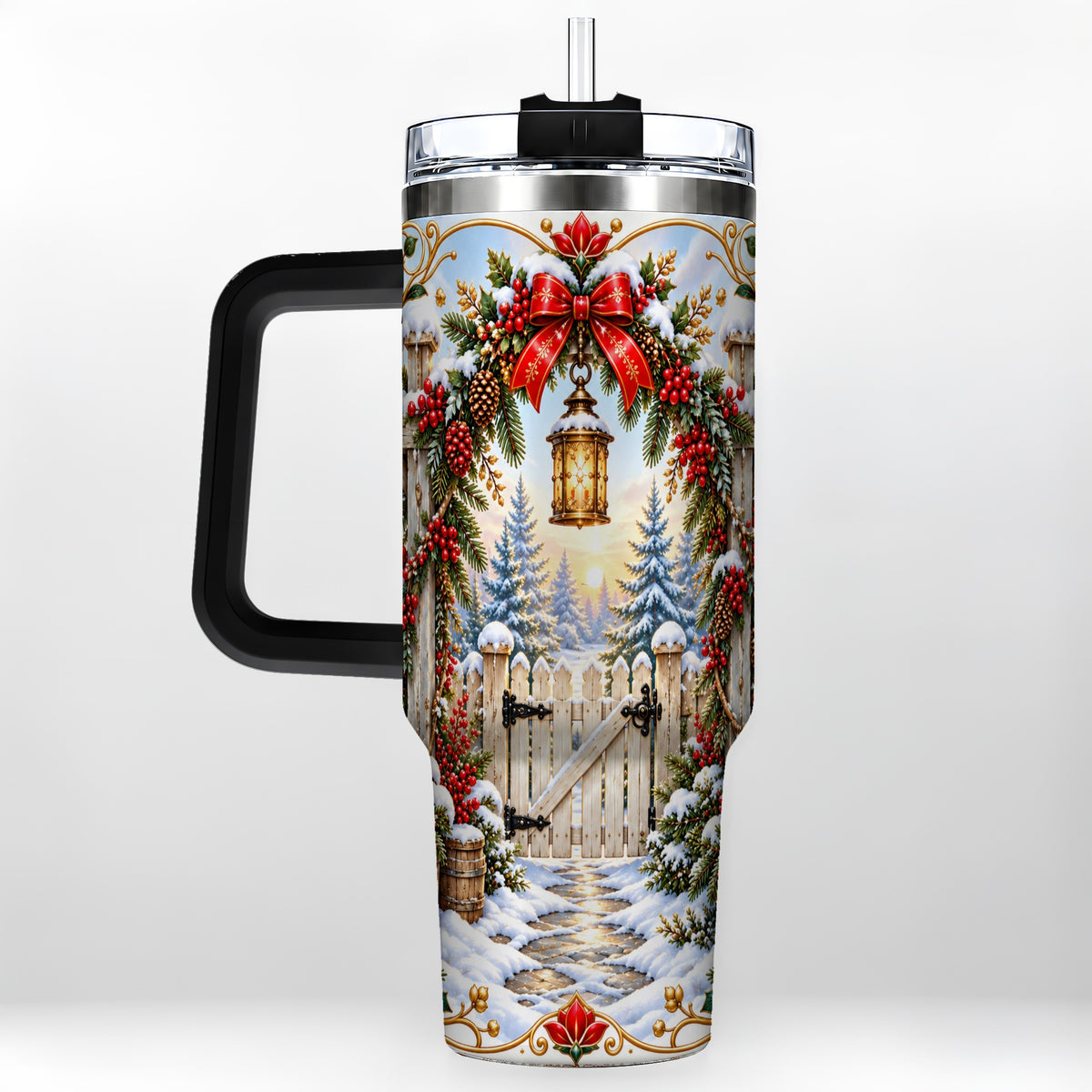 #pl[40oz|Black] Winter Garden Gate 40oz Tumbler with Handle, Christmas Lantern Design