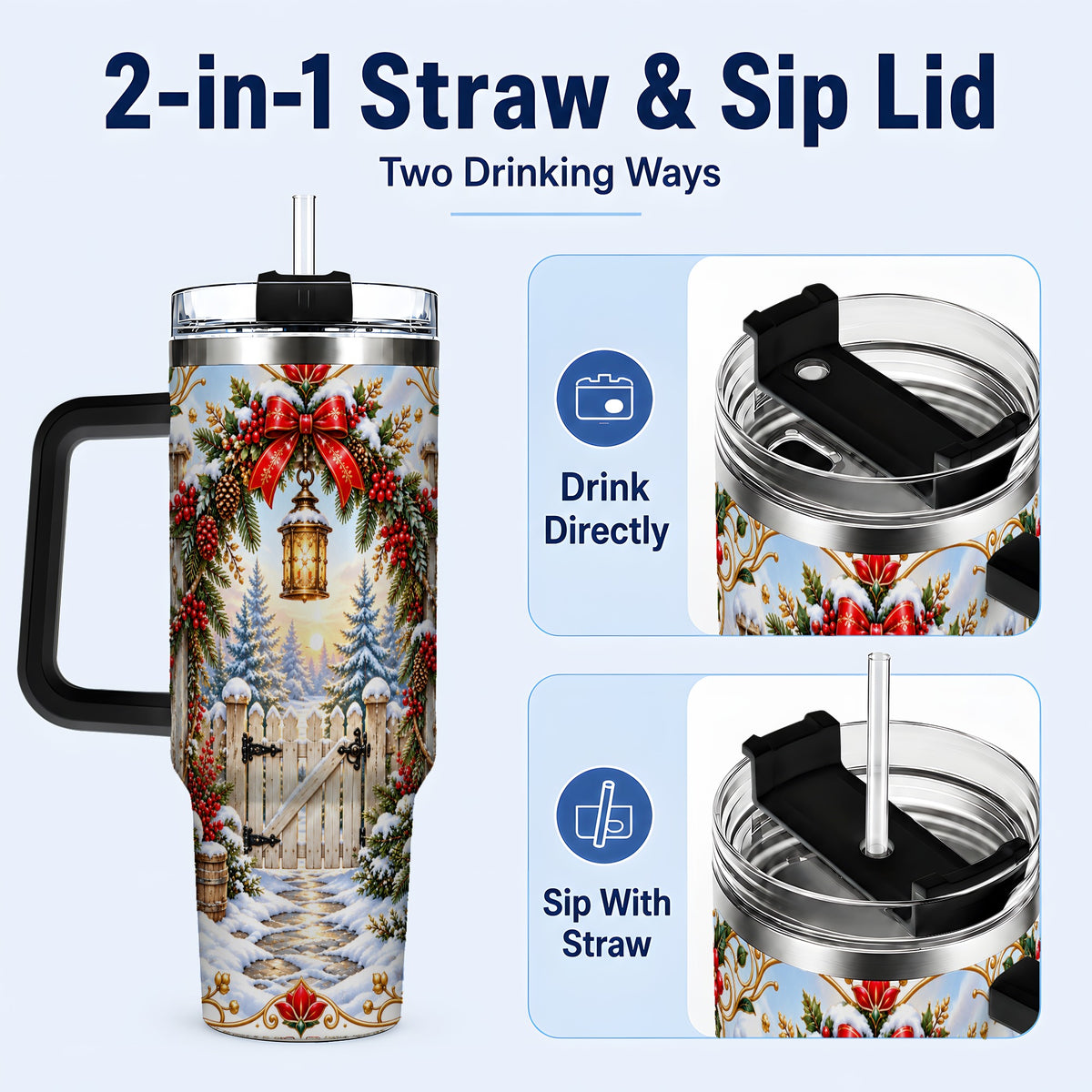#pl[40oz|Black] Winter Garden Gate 40oz Tumbler with Handle, Christmas Lantern Design