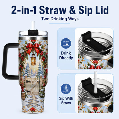 #pl[40oz|Black] Winter Garden Gate 40oz Tumbler with Handle, Christmas Lantern Design