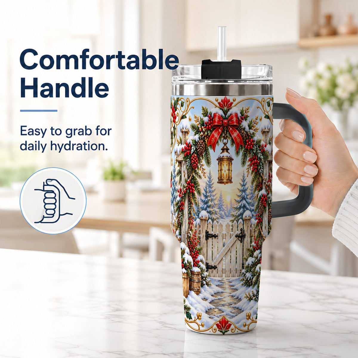#pl[40oz|Black] Winter Garden Gate 40oz Tumbler with Handle, Christmas Lantern Design