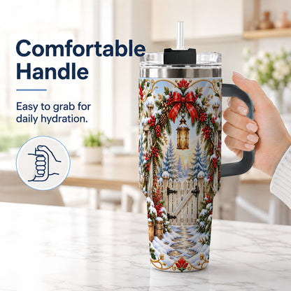 #pl[40oz|Black] Winter Garden Gate 40oz Tumbler with Handle, Christmas Lantern Design