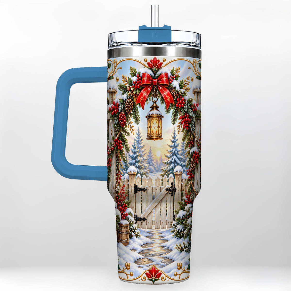 #pl[40oz|Blue] Winter Garden Gate 40oz Tumbler with Handle, Christmas Lantern Design