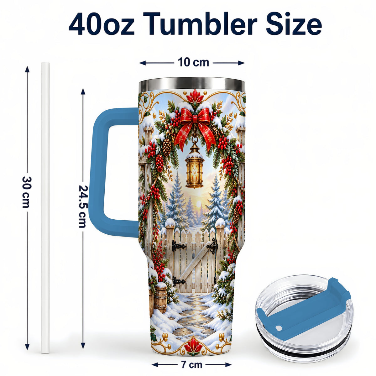 #pl[40oz|Blue] Winter Garden Gate 40oz Tumbler with Handle, Christmas Lantern Design