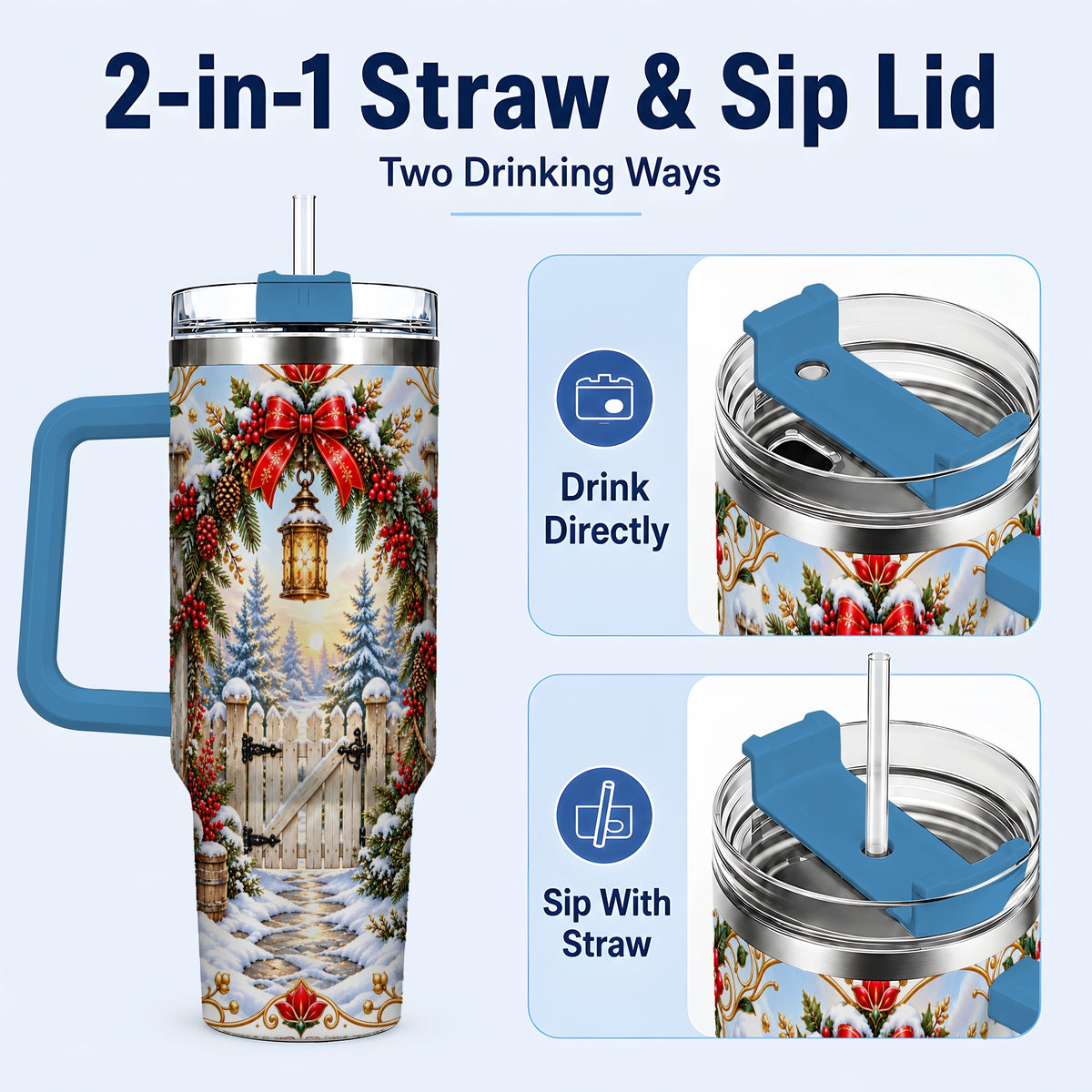 #pl[40oz|Blue] Winter Garden Gate 40oz Tumbler with Handle, Christmas Lantern Design