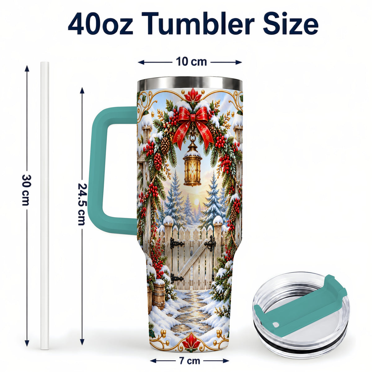 #pl[40oz|Green] Winter Garden Gate 40oz Tumbler with Handle, Christmas Lantern Design