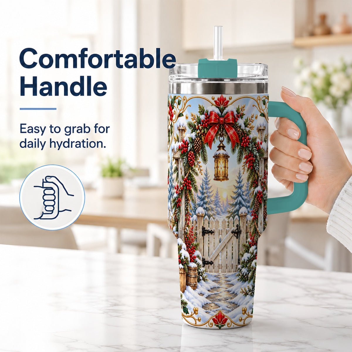#pl[40oz|Green] Winter Garden Gate 40oz Tumbler with Handle, Christmas Lantern Design